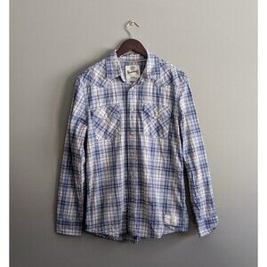 Roebuck & Co Mens Medium M Blue Plaid Western Pearl Snap Shirt Cowboy Workwear